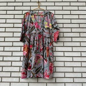 Handmade Cotton Block Print Floral Dress Gray Pink‎ Tassel Tie Boho S India